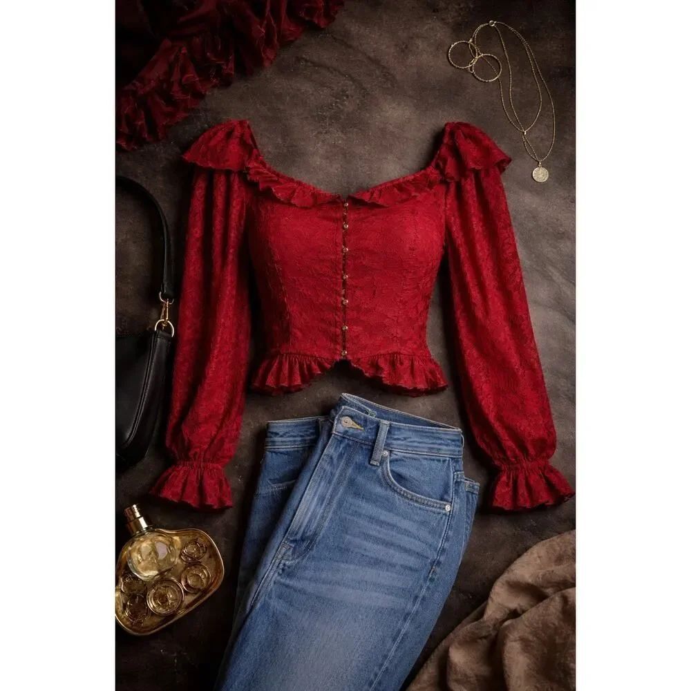 Anthropologie Cropped Red Lace Blouse Large Sheer Embroidered Boho Dark Romantic